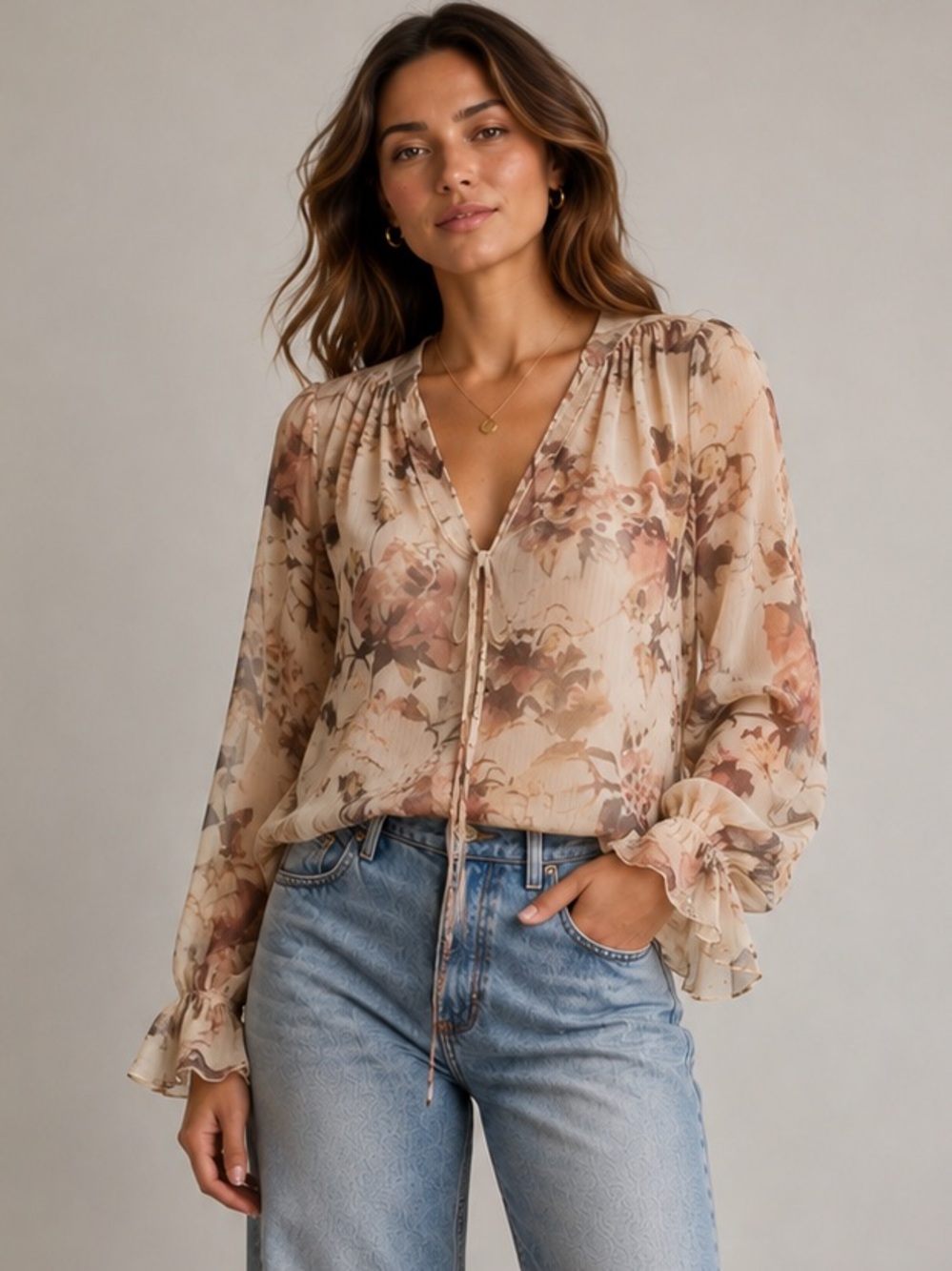 Ralph Lauren Cream Floral V-Neck Tie Blouse
